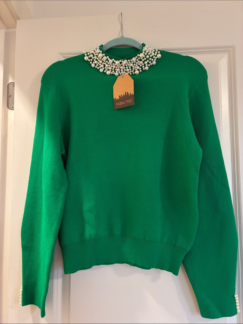Main Strip Bright Green Pearl-Embellished Crewneck Sweater